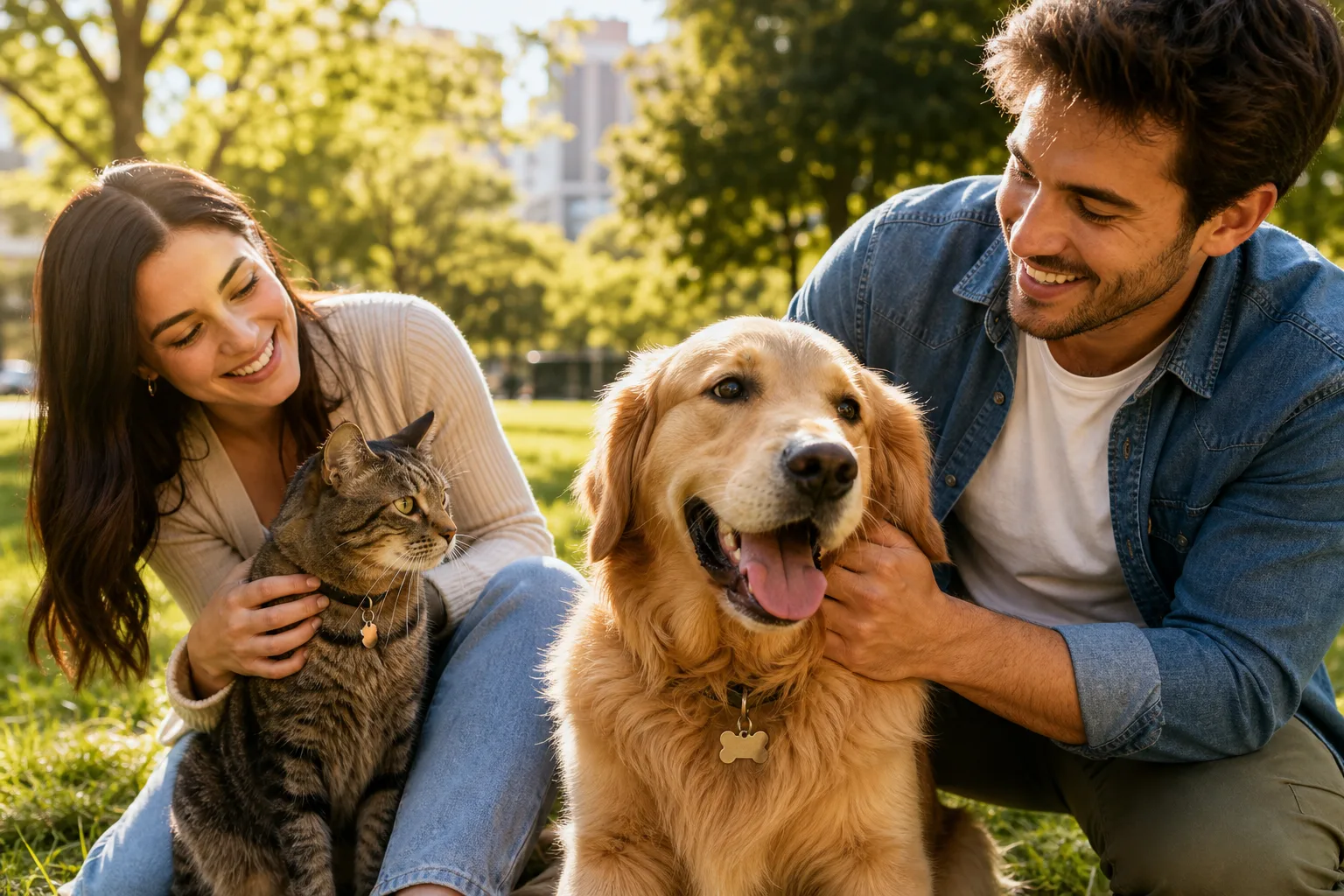 Happy dog and cat with pet owners in a sunny park
